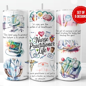 Puede incluir: Conjunto de cinco diseños de vasos con ilustraciones de acuarela de herramientas médicas, un estetoscopio, un cerebro, un corazón y una enfermera practicante. Los vasos presentan citas sobre la profesión de enfermería, como "Las enfermeras son el corazón de la atención médica." y "El arte de la enfermería no se trata solo de tratar el cuerpo, sino de sanar el espíritu."