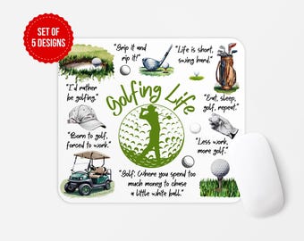May include: A white mouse pad with a green and white golf ball design. The mouse pad features several golf-themed quotes, including "Grip it and rip it!" and "Life is short, swing hard!"