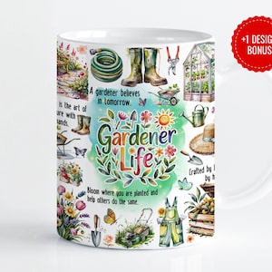 May include: White ceramic mug with a colourful design featuring gardening tools, plants, and the text "Gardener Life". The text also includes the phrases "A gardener believes in tomorrow" and "Bloom where you are planted and help others do the same."