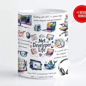 May include: White ceramic mug with a colourful design featuring a computer, code, and the text "Net Developer Life". The mug also includes the text "Building with NET - where logic meets elegance and performance." and "From MVC to microservices, I don't just code - I architect the future."