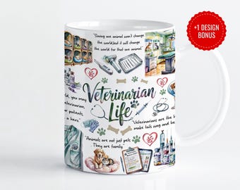 May include: White ceramic mug with a colorful design featuring a veterinarian theme. The mug has illustrations of animals, medical equipment, and text that says "Veterinarian Life". The text on the mug reads "Saving one animal won't change the world but it will change the world for that one animal." and "Veterinarians are the best, they make tails wag and hearts happy."