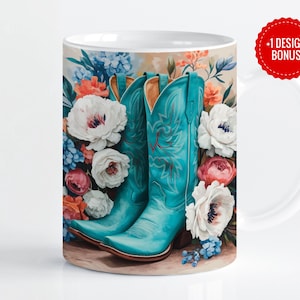 Turquoise Cowgirl Mug Wrap, 11oz and 15oz Mug Sublimation Design, Digital Download, Western Boots & Cactus, Straight Design PNG