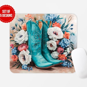 May include: A pair of turquoise cowboy boots with intricate stitching are surrounded by a bouquet of colorful flowers, including pink, white, and blue blooms. The boots are set against a light brown background.
