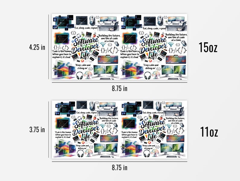 Pu&ograve; includere: Due tazze in ceramica bianca con un design colorato con grafica relativa ai computer e la scritta "Software Developer Life". Le tazze sono larghe 22,2 cm e alte 10,8 e 9,5 cm, con una capacit&agrave; di 444 ml e 325 ml.