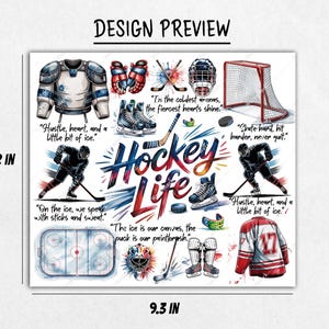 K&ouml;nnte beinhalten: Vorschau eines quadratischen Designs mit Hockey-Illustrationen und Text. Das Design umfasst ein Hockeytor, Schlittschuhe, einen Helm und ein Trikot. Die Abmessungen betragen 20,8 cm x 23,6 cm.