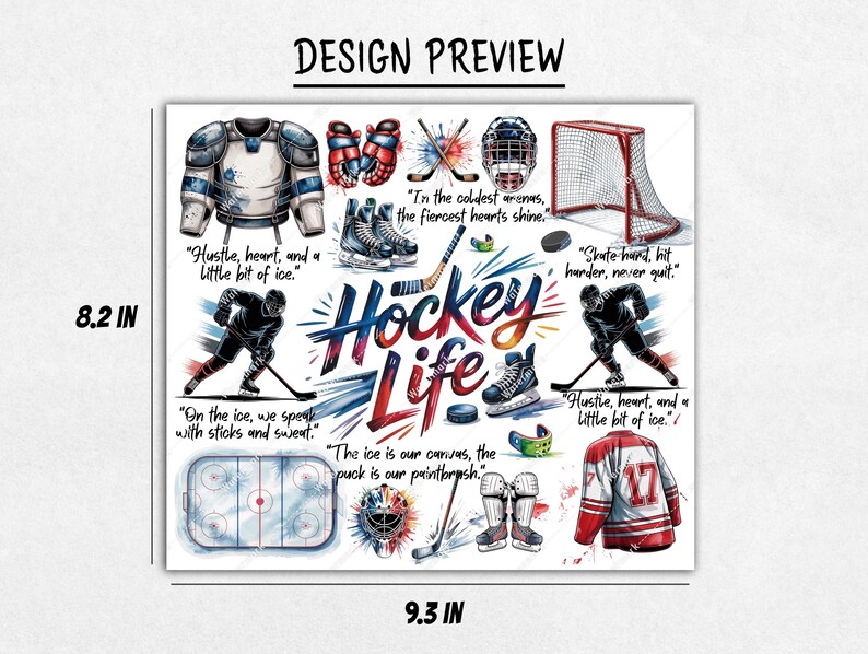K&ouml;nnte beinhalten: Vorschau eines quadratischen Designs mit Hockey-Illustrationen und Text. Das Design umfasst ein Hockeytor, Schlittschuhe, einen Helm und ein Trikot. Die Abmessungen betragen 20,8 cm x 23,6 cm.
