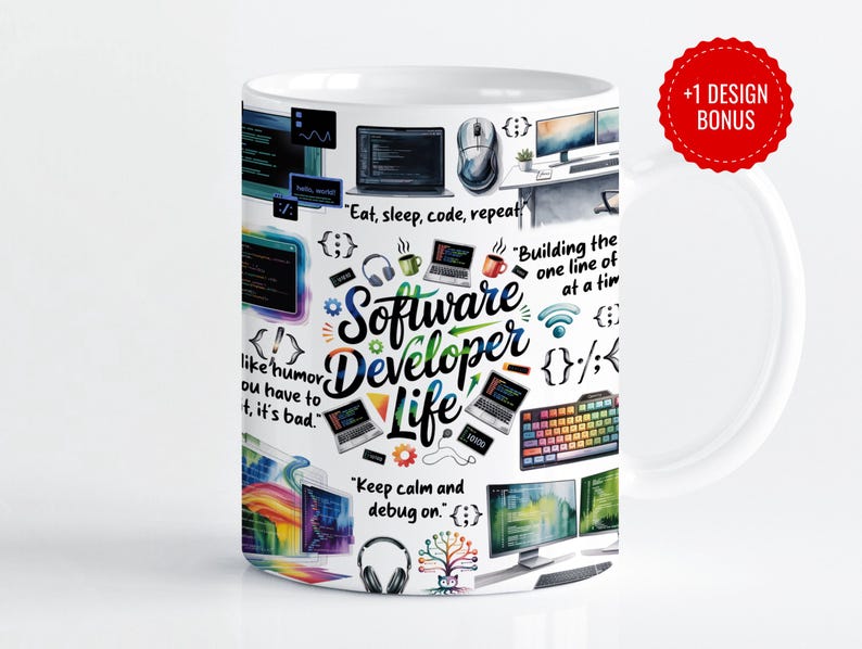 A colorful, illustrated mug featuring various coding and programming graphics, including monitors, laptops, code snippets, and tech accessories, with quotes like "Keep calm and debug on" and "Eat, sleep, code, repeat." The design emphasizes developer humor and the coding lifestyle, making it a perfect Dev Gift Idea for programmers and software engineers.