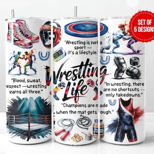 Wrestling Life Tumbler Design | Watercolor Mat, Moves & Motivational Sayings for Wrestlers | 20oz Skinny Sublimation PNG | Digital Download