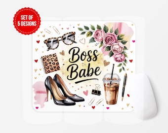Diseño de alfombrilla de ratón Boss Babe: Café, tacones y flores (Descarga digital PNG)