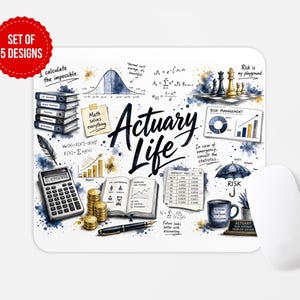 May include: A rectangular mouse pad featuring the text Actuary Life in the center, surrounded by illustrations of a calculator, a stack of books, gold coins, a fountain pen, a chess set, a mortality table, and various mathematical formulas.