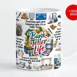 Diseño de taza "Cajero bancario" / Signos de dólar, tarjetas de crédito y elementos de efectivo / Sublimación PNG de 11 oz y 15 oz / Descarga digital