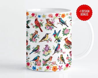 水彩鳥マグカップラップ昇華テンプレート | カラフルな枝と花のデザイン | 11オンス 15オンス デジタルPNG