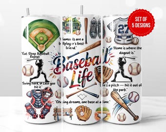 Baseball Life Tumbler Design | Fledermaus, Ball & Handschuh-Elemente| 20 Unzen Skinny Sublimation PNG | Digitaler Download