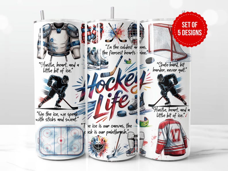 K&ouml;nnte beinhalten: Ein Set mit f&uuml;nf Hockey-Motiv-Becher-Designs. Jeder Becher zeigt Illustrationen von Hockeyausr&uuml;stung, Spielern und Zitaten wie "Hustle, heart, and a little bit of ice." Das zentrale Design schreibt "Hockey Life" in bunten Buchstaben.