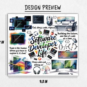 Op de afbeelding: Een vierkante ontwerpvoorbeeld met de tekst "Design Preview" bovenaan. Het ontwerp bevat een aquarelillustratie met de woorden "Software Developer Life" en gerelateerde pictogrammen, waaronder laptops, een toetsenbord en computerschermen. De afmetingen zijn 20,8 x 23,6 cm.