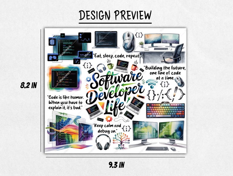 Op de afbeelding: Een vierkante ontwerpvoorbeeld met de tekst "Design Preview" bovenaan. Het ontwerp bevat een aquarelillustratie met de woorden "Software Developer Life" en gerelateerde pictogrammen, waaronder laptops, een toetsenbord en computerschermen. De afmetingen zijn 20,8 x 23,6 cm.