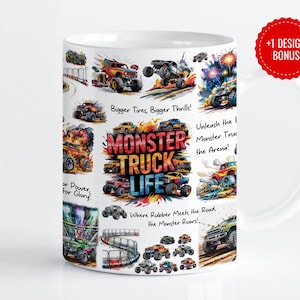 May include: White ceramic coffee mug with a colorful design featuring monster trucks, flames, and the text "Monster Truck Life". The mug has a handle and is decorated with various monster trucks in action.
