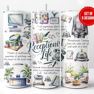 Peut inclure: Ensemble de cinq designs de gobelets de style aquarelle avec des citations sur le fait d'être réceptionniste. Les gobelets sont blancs avec des accents verts, bleus et roses. Les citations incluent "Maître de la multitâche, gardien des salutations et cœur du bureau d'accueil", "Les premières impressions commencent ici - et je suis prêt avec un sourire !" et "Les réceptionnistes : Transformer le chaos en calme, un appel et un sourire à la fois."
