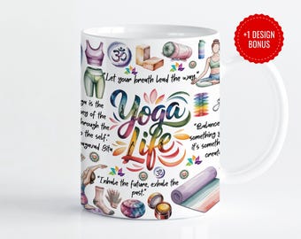 Watercolor Yoga Mug Design: Affirmations for Inner Peace (Digital Download PNG)