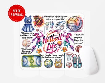 May include: A colorful graphic design featuring netball-themed illustrations and text. The design includes a netball court, a netball uniform, and a netball ball. Text includes "Netball Life" and motivational quotes.