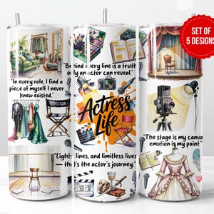 Actress Life Tumbler Design | Watercolor Makeup, Film & Stage Elements | Glam Theater Style | 20oz Skinny Sublimation PNG | Digital Download