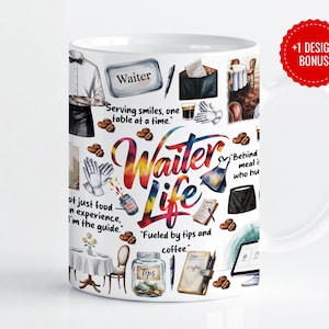 Może przedstawiać: Biały ceramiczny kubek z kolorowym wzorem "Waiter Life". Projekt zawiera ilustracje narzędzi kelnerskich, ziaren kawy i tekstów takich jak "Serving smiles, one table at a time." i "Fueled by tips and coffee."