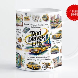 Design de tasse de vie de chauffeur de taxi | Yellow Cab, compteur, plan de la ville et devis| Aquarelle| Sublimation PNG 11 oz et 15 oz, téléchargement numérique