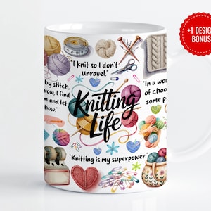 May include: White ceramic mug with a colorful "Knitting Life" design. The design includes yarn balls, knitting needles, scissors, and the text "Knitting is my superpower." A red circle with "+1 DESIGN BONUS" is on the right side.
