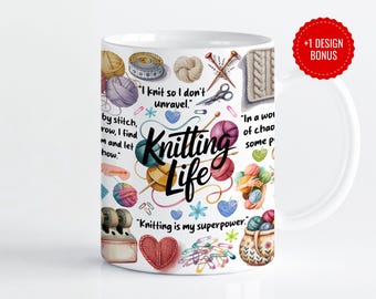 Disegno di tazza da lavorare a maglia con acquerello: filati e aghi PNG (download digitale)