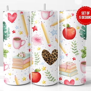 Cute Teacher Themed Tumbler Design | Coffee, Books & School Supplies Illustration | 20oz Skinny Sublimation PNG | Digital Download