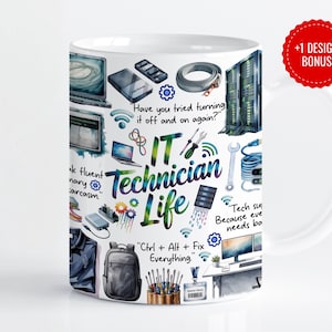 Puede incluir: Taza de cerámica blanca con un diseño colorido que presenta gráficos y texto relacionados con la informática. La taza incluye imágenes de un portátil, un servidor y herramientas, con frases como "IT Technician Life" y "Ctrl + Alt + Fix Everything".