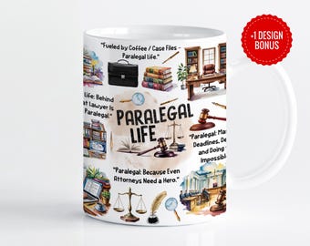 Diseño de taza "Vida de asistente legal" / Iconos legales en acuarela y elementos de oficina / Sublimación PNG de 11 oz y 15 oz / Descarga digital