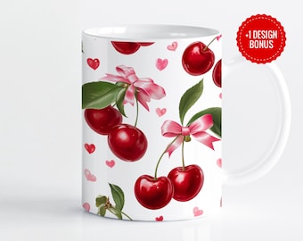 Aquarell Kirsche Schleife Becher Design | Romantischer Valentinstag PNG (Digitaler Download)