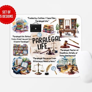 May include: A white mousepad with a watercolor design featuring legal-themed illustrations and text. The design includes books, scales, a gavel, and the words "Paralegal Life." A red circle with "Set of 5 Designs" is in the upper left.