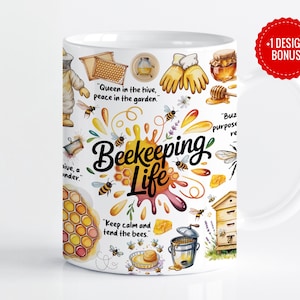 May include: White ceramic mug featuring a colorful design with bees, honeycombs, and the words "Beekeeping Life." The mug includes illustrations of honey, a beekeeper, and the text "Keep calm and tend the bees."