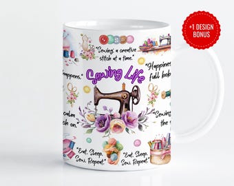 Watercolor Sewing Machine Mug Design: Stitch Happens (Digital Download)