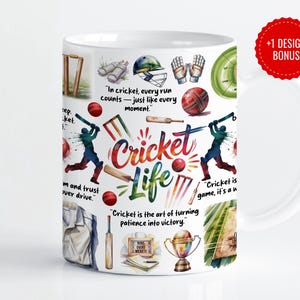 Pode incluir: Caneca de cerâmica branca com um design temático de críquete. A caneca inclui ilustrações de equipamentos de críquete, jogadores e o texto "Cricket Life" e várias citações sobre o esporte. Um círculo vermelho com "+1 DESIGN BONUS" está na lateral.
