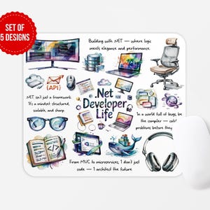 May include: A watercolor illustration of a mousepad with a colorful design featuring a laptop, headphones, glasses, and the text "Net Developer Life". The mousepad also includes the text "Building with NET - where logic meets elegance and performance." and "In a world full of bugs, be the compiler - catch! problems before they"
