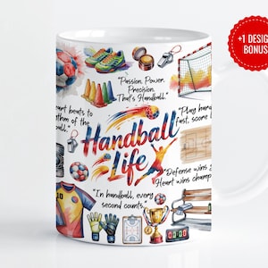 Handball Life Mug Design, Handball and Court Elements with Motivational Quotes, Handball player gift, 11oz & 15oz PNG File, Digital Download