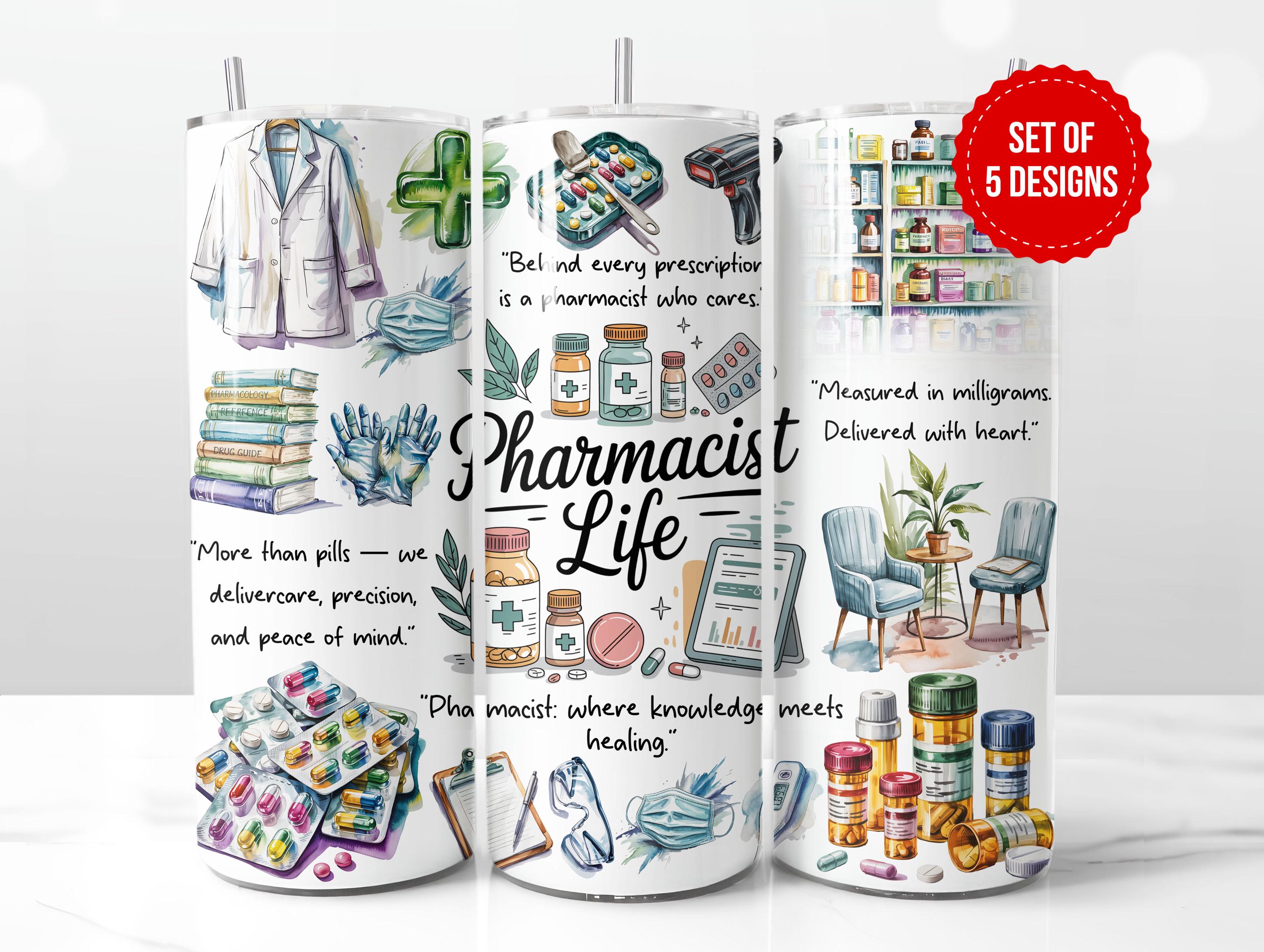 Ontwerp beker voor apothekersleven | Pillen, flesjes op recept, apotheekpictogrammen en quotes| Aquarel| 20 oz skinny sublimatie, png