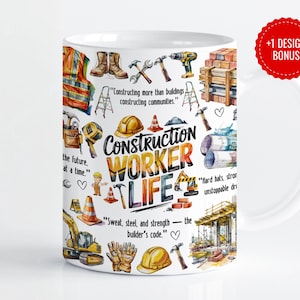 May include: White ceramic mug with a colorful design featuring construction tools, hard hats, and the text "Construction Worker Life". The mug has a black handle and a white interior.