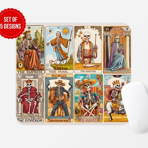 May include: Set of 5 tarot cards featuring skeletons in various poses. The cards are illustrated in a vintage style with gold accents and include the following titles: The Empress, The Fool, The Magician, The High Priestess, The Emperor, The Country Man, The Audacity.