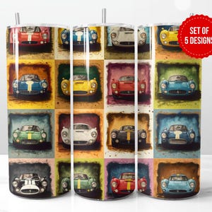Watercolor Classic Sports Cars Tumbler Wrap | Vintage Car Lover Design in Artistic Style | 20 oz Skinny Digital PNG