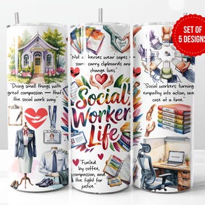 Pode incluir: Conjunto de cinco designs de canecas com tema de assistente social. Os designs apresentam ilustrações em aquarela de uma casa, livros, corações e cenas de escritório. O texto inclui citações sobre trabalho social.