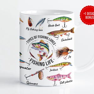 May include: White ceramic mug with a colorful illustration of different fishing lures and the text "Types of Fishing Lures" and "Fishing Life".