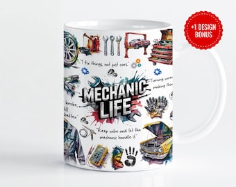 Tazza con design "Mechanic Life"/Chiavi inglesi, ingranaggi, grasso e citazioni di garage/Acquerello/Acquerello/Sublimazione PNG da 11 oz e 15 oz