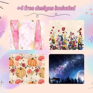 Op de afbeelding: Vier digitale designpatronen worden getoond. E&eacute;n heeft roze en gouden marmer, een ander toont kleurrijke wilde bloemen, een derde heeft pompoenen en bloemelementen, en de laatste toont een sterrennachtsc&egrave;ne met een maan. De tekst luidt "+4 free designs included."