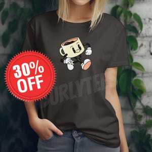 Retro cartoon koffiemok T-shirt, vintage stijl drinkgerei voor koffieliefhebbers, eigenzinnig en leuk ontwerp voor thuis of op kantoor, perfect cadeau-idee!