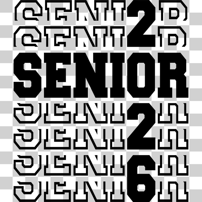 Pu&ograve; includere: Grafica in bianco e nero con il testo "Senior 22" ripetuto pi&ugrave; volte. Il testo &egrave; in grassetto, con un carattere a blocchi.