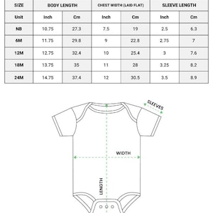 Peut inclure: Un tableau des tailles pour un body de b&eacute;b&eacute; intitul&eacute; BABY BODYSUIT (MADE IN US) avec des mesures de longueur, largeur de poitrine et longueur de manche en pouces et cm pour les tailles NB &agrave; 24M, et un sch&eacute;ma du body avec des indicateurs.